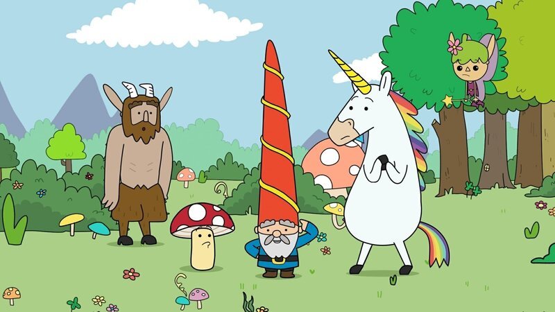Da Herbert, der Gartenzwerg (Mitte), wegen seiner letzten nicht so erfolgreichen Erfindungen unglücklich war, haben ihn seine Freunde Hufius, Tupfen, Blümchen und Twinkle (von links) aufgemuntert. Sie haben entgegen ihrer Überzeugung behauptet, sein Kühlungshut sei genial. – Bild: ZDF/​Tiger Aspect Kids & Family Limited, Movimenti Production, Zodiak Kids & Family France and Monello Productions