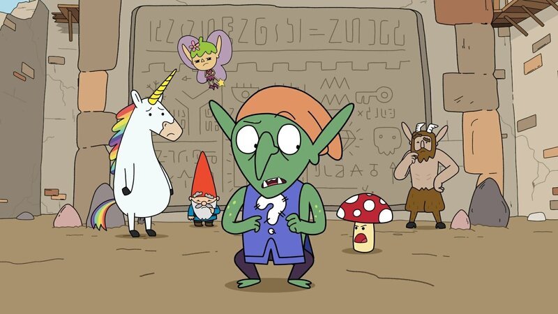 Auf ihrem Weg zur Schatzkammer des Rätselmeisters werden die Blümchen, Herbert, Twinkle, Tupfen und Hufius von dem Wächter Neville (vorne) begleitet. Dabei müssen sie herausfinden, ob sie ihm trauen können. – Bild: ZDF/​Tiger Aspect Kids & Family Limited, Movimenti Production, Zodiak Kids & Family France and Monello Productions