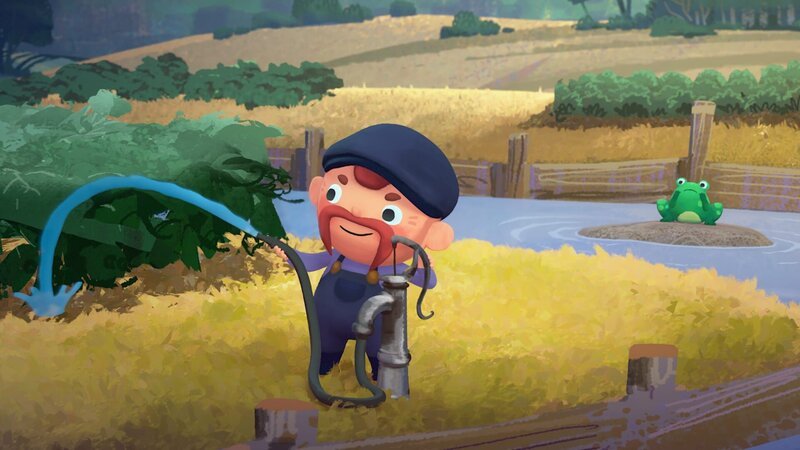 Der Bauer gießt sein Gurkenfeld maßlos, während im Hintergrund ein trauriger Frosch den niedrigen Wasserstand betrachtet. – Bild: rbb/​MDR/​NDR/​BlauePampelmuse