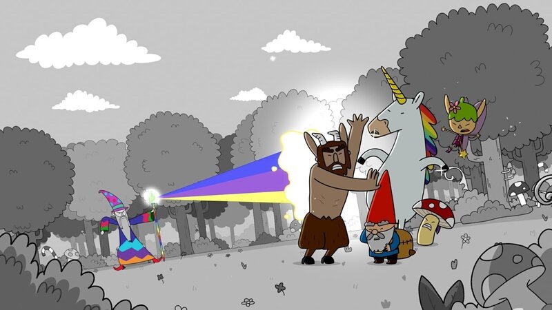 Im Super Happy Magic Forest verschwinden die Farben! Die Helden – Hufius, Herbert, Blümchen, Tupfen und Twinkle finden heraus, dass Zauberer Balthasar (links) daran schuld ist. – Bild: ZDF/​Tiger Aspect Kids & Family Limited, Movimenti Production, Zodiak Kids & Family France and Monello Productions