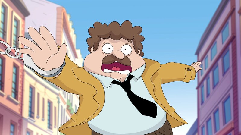 Tollpatschiger Kurier: Kommissar Mollo ist an ein wertvolles Bild gefesselt. – Bild: WDR/​Cyber Group Studios/​KD Productions Toons&Games/​Televisió de Catalunya