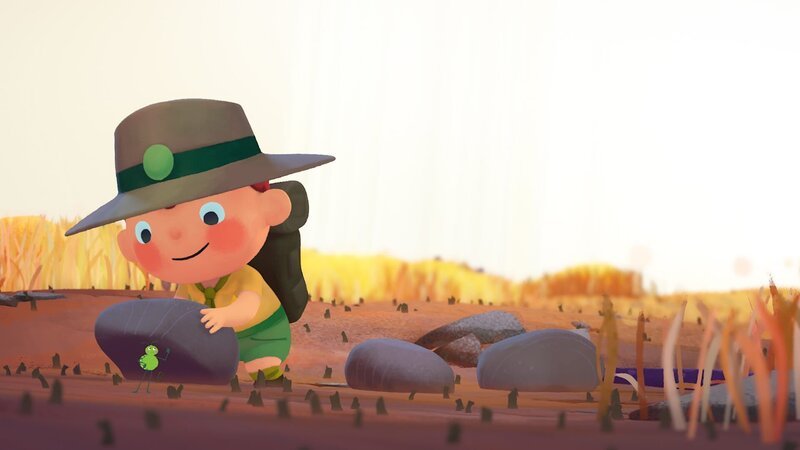 Forscher Kito hebt Steine auf dem Feld hoch und sucht nach dem Schlangenkönig. Er entdeckt aber nur Käfer. – Bild: rbb/​MDR/​NDR/​BlauePampelmuse