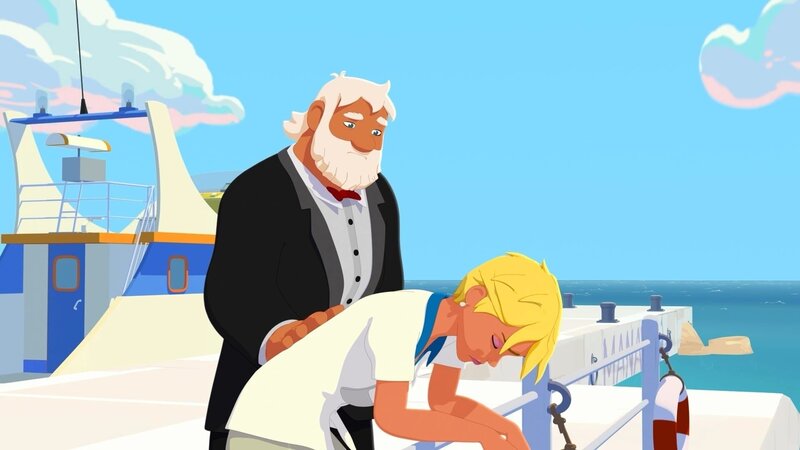 Onkel Patrick (l.) tröstet Wissenschaftlerin Anita (r.). Sie macht sich große Vorwürfe, weil sie kurz vorher ein Walbaby gestreichelt hat. Etwas, das sie allen anderen bei der Walbeobachtungstour verboten hatte. – Bild: ZDF und Media Valley/​ Marzipan Films