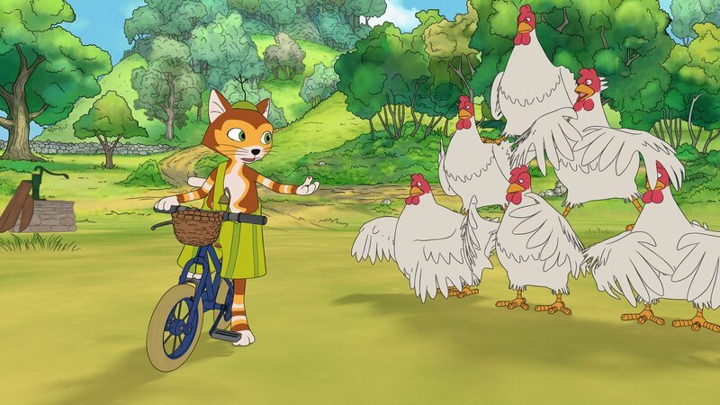 Um zu beweisen, wie gut er Fahrrad fahren kann, muss Findus eine perfekte Bremsung vor einer Hühnerpyramide hinkriegen. – Bild: ZDF/​Edel SE