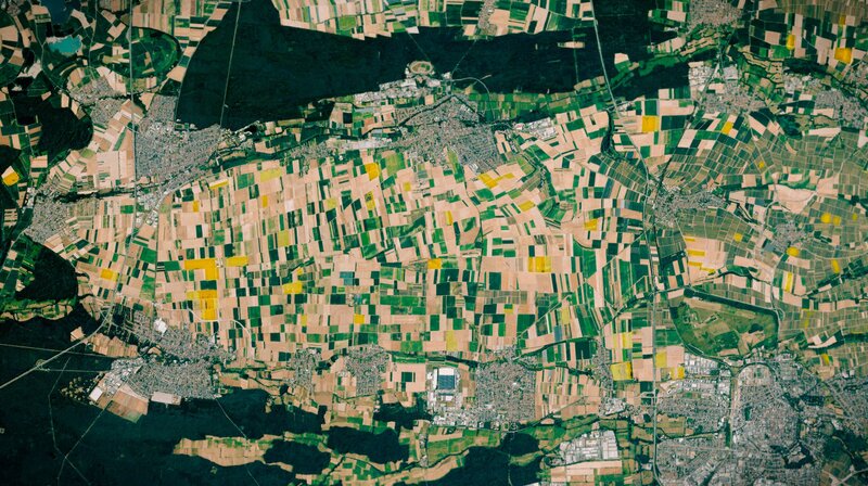 Satellitenbild der leuchtend gelben Rapsfelder.; rbb Fernsehen DEUTSCHLAND AUS DEM ALL (1), „Ein Meer von Farben“, am Sonntag um 20:15 Uhr. – Bild: rbb/​WDR/​Ortho Rheinland-Pfalz