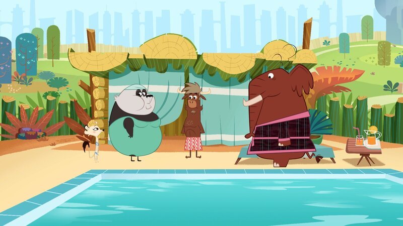 Sherlock Yack, Hermione und Frau Panda wollen im Elefantenbassin schwimmen. – Bild: ZDF/​Mondo TV