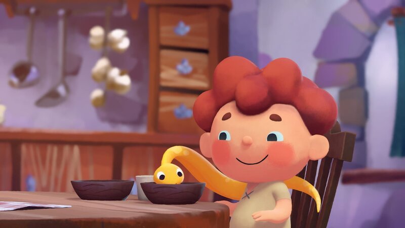 Anton hasst Milchbrei und verfüttert ihn heimlich an die goldene Schlange. – Bild: rbb/​MDR/​NDR/​BlauePampelmuse