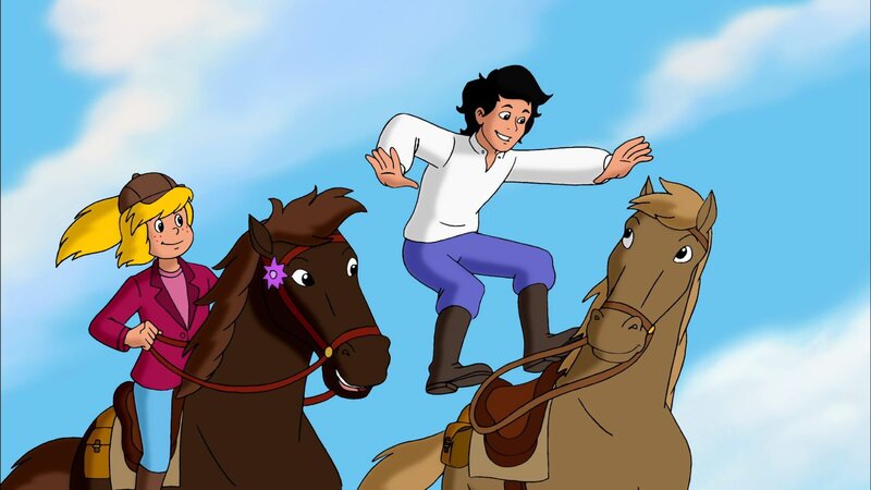 Bibi ist schwer beeindruckt von den Kunststücken, die Mikosch zu Pferde vollführt. – Bild: ZDF und Kiddinx