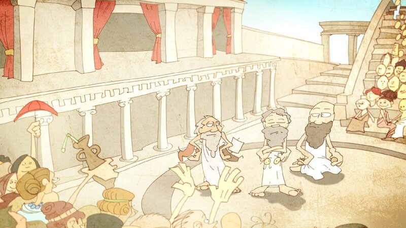 Comic als neues Stilelement der Reihe Große Völker: Im Theater: Die griechischen Dichter erfinden die großen Genres, wie wir sie heute noch kennen: Tragödie und Komödie. – Bild: Gruppe 5