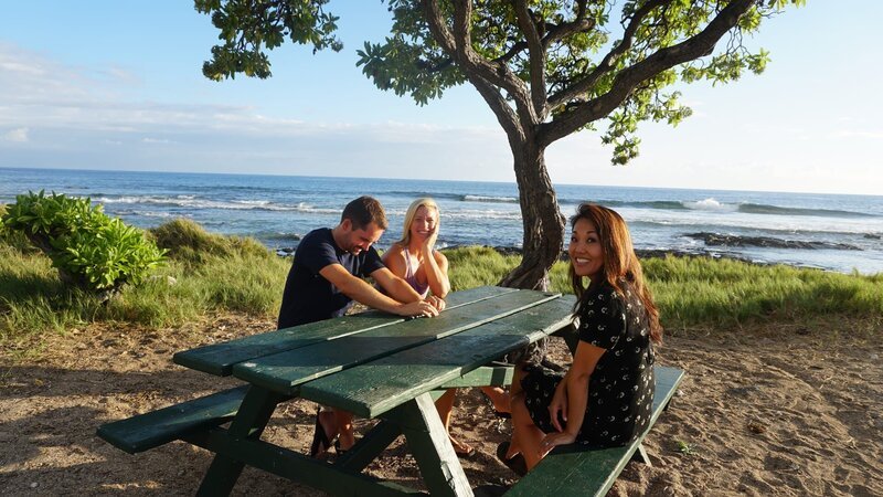 Home buyers Rachael Adair (M), Dan Adair (L) and Realtor Rebecca Morton (R) sitting at a picnic table by the ocean as seen on Hawaii Hunters (Action) – Bild: Scripps.