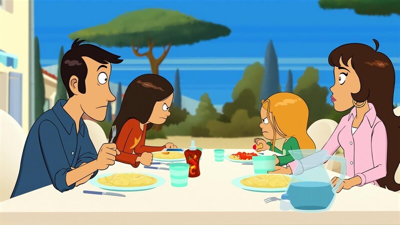 Wendy und Marine belauern sich sogar beim Mittagessen. Mama und Papa sind ratlos. – Bild: NDR/​Bamboo Production/​Samka Productions