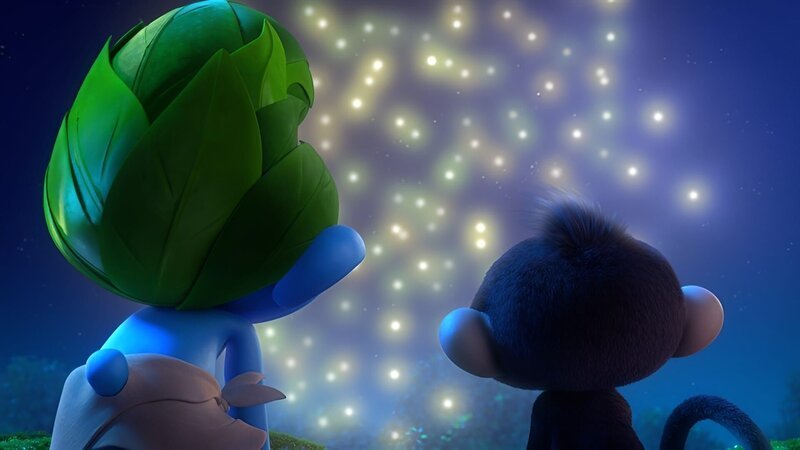 Wild und Monkey finden, dass Glühwürmchen wie kleine Sterne sind. – Bild: KiKA/​Peyo Productions, Dupuis Édition & Audiovisuell