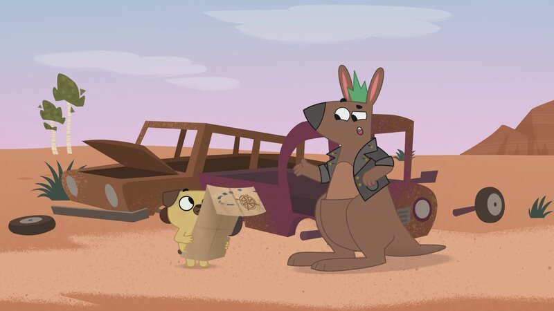 Känguru Max und Puck versuchen, die Karte für das große Rennen zu lesen. – Bild: KiKA/​Dog Loves Productions Limited