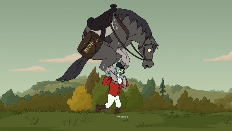 Die Planet Express-Crew möchte neue Firmenuniformen. In einem Kostümladen werden sie fündig. Bender entdeckt dort aber auch ein Fuchsjäger-Kostüm, das ihm ausgesprochen gut gefällt. – Bild: Paramount