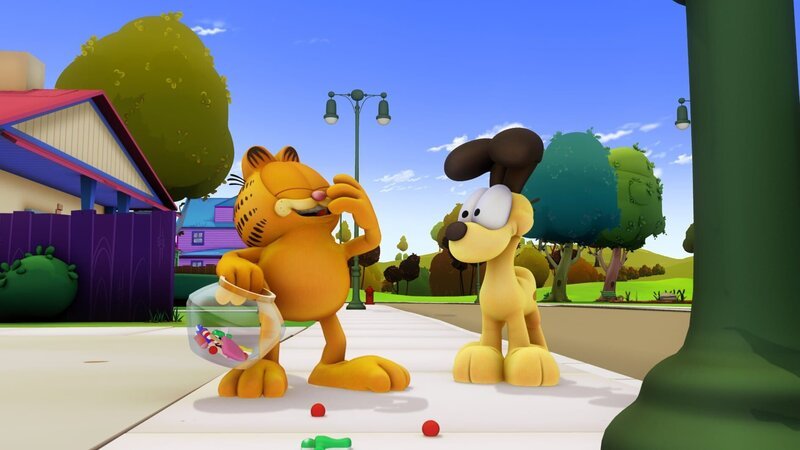 Als Garfield von Jons nervigen Nichten besucht wird, lockt er diese in das Haus einer Hexe. – Bild: HR/​DARGAUD MEDIA