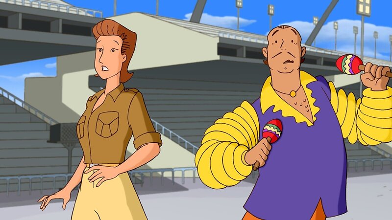 „Tom“, „Tom in Rio.“ Der Zirkus Hamilton will in Rio de Janeiro mit einem eigenen Festwagen am Carnevals-Umzug teilnehmen. Bösewicht Carter plant dort einen neuen Vergnügungspark. Er schickt Miss Hatch und Weedon aus, um den berühmten Carnevalero Alfonso Abraxas zu entführen. Leider erwischen die beiden den falschen Clown, nämlich Rupert. – Bild: ORF/​EBU