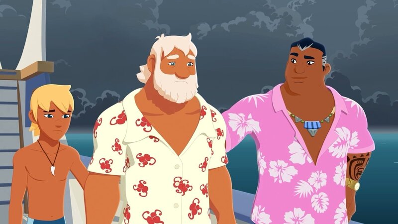 Yann (l.) und Naone (r.) haben Onkel Patrick (M.) aus dem Sturm gerettet und auf ihr Schiff geholt. Anita dagegen scheint verloren zu sein. – Bild: ZDF und Media Valley/​ Marzipan Films