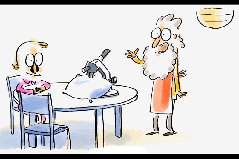 Professor Schnauzbart (li.) erklärt seinem Assistenten Nathanael (re.), dass sich in unseren Betten unzählige Milben tummeln. – Bild: Folimage/​Ex Nihilo