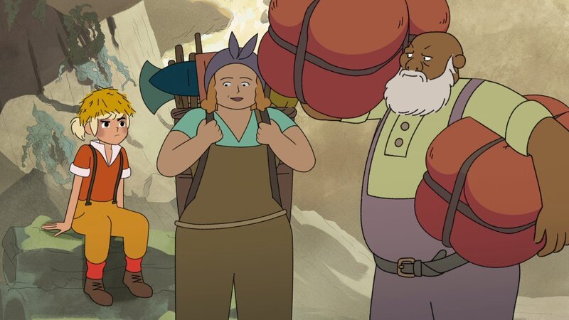 Die Kollegin Chagne (M.) und Holzfällerkollege Torfou (re.) ahnen nicht, warum Tobie (li.) mit ihnen an den Rand des Kraters gekommen ist. – Bild: TANT MIEUX PROD/​ ZDF