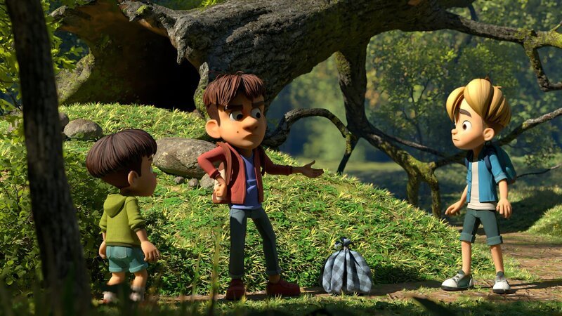 Kleiner Fuß und Raphael stellen Hase im Wald mit samt seinem Diebesgut. – Bild: ZDF