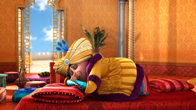Als ärmliche Frau verkleidet fängt Dunyazad Sherazade und ihre Freunde auf dem Weg zum Verlorenen Tempel ab. Sie behauptet vor dem tyrannischen Regime Shazamans geflohen zu sein. – Shazaman hat noch keinen Grund zur Sorge. – Bild: rbb/​Hahn Film AG/​Chocolate Liberation Front Pty Ltd/​Toonz Entertainment Pte Ltd