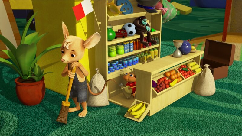 Puh – immer nur den Kaufladen sauber halten, macht keinen Spaß. Jo und Ludwig warten sehnsüchtig auf die ersten Kunden. – Bild: ZDF und scopas medien