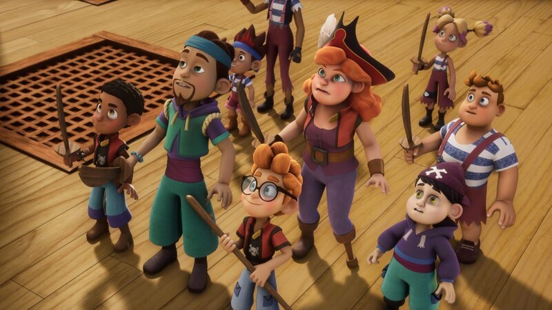 Gebannt verfolgen Lehrer und Schüler der Pirate Academy, wie Zoe und Schnurrbart Fischkopp gegen die Angreifer kämpfen. – Bild: Method Animation – Mediawan kids & family