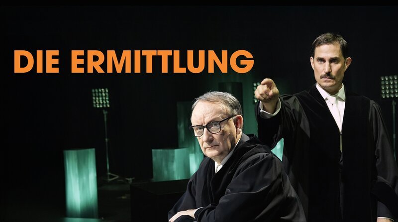 Key Visual/Cover Sendereihenbild mit Typo zu „Die Ermittlung“. Regisseur RP Kahl hat das Theaterstück „Die Ermittlung“ von Peter Weiss mit 60 Schauspielerinnen und Schauspielern für die Kinoleinwand inszeniert. Im Bild, von links: Rainer Bock als Richter und Clemens Schick als Ankläger. – Bild: HR/BR/Film Mischwaren GmbH/Hans-Joachim Pfeiffer Key Visual/Cover Sendereihenbild mit Typo zu „Die Ermittlung“. Regisseur RP Kahl hat das Theaterstück „Die Ermittlung“ von Peter Weiss mit 60 Schauspielerinnen und Schauspielern für die Kinoleinwand inszeniert. Im Bild, von links: Rainer Bock als Richter und Clemens Schick als Ankläger. – Bild: HR/BR/Film Mischwaren GmbH/Hans-Joachim Pfeiffer