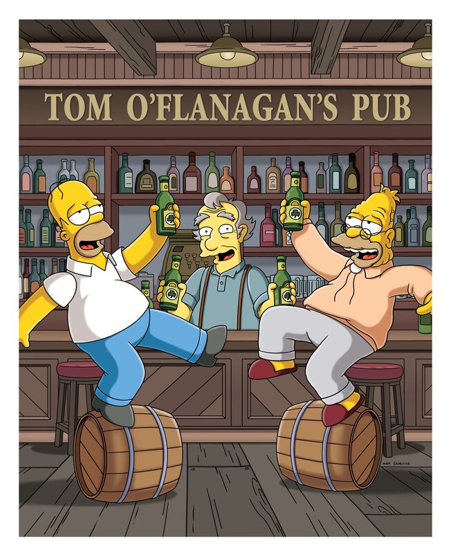 Homer (l.) erfüllt seinem Vater (r.) den sehnlichen Wunsch, noch ein Bier in O’Flanagan’s Pub zu trinken. Also machen die Simpsons eine Reise nach Irland. – Bild: und TM Twentieth Century Fox Film Corporation – Alle Rechte vorbehalten Lizenzbild frei