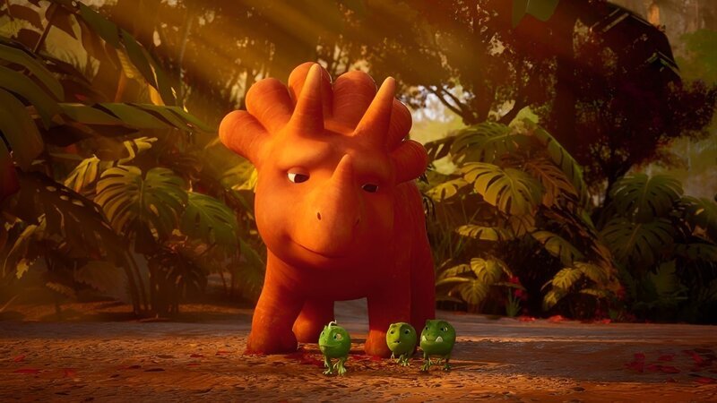 Ginger und die drei Erbs-Rexe sind nach einem langen Tag im Vegesaurier-Tal sehr müde. – Bild: ZDF/​Cheeky Little Media /​ KiKA