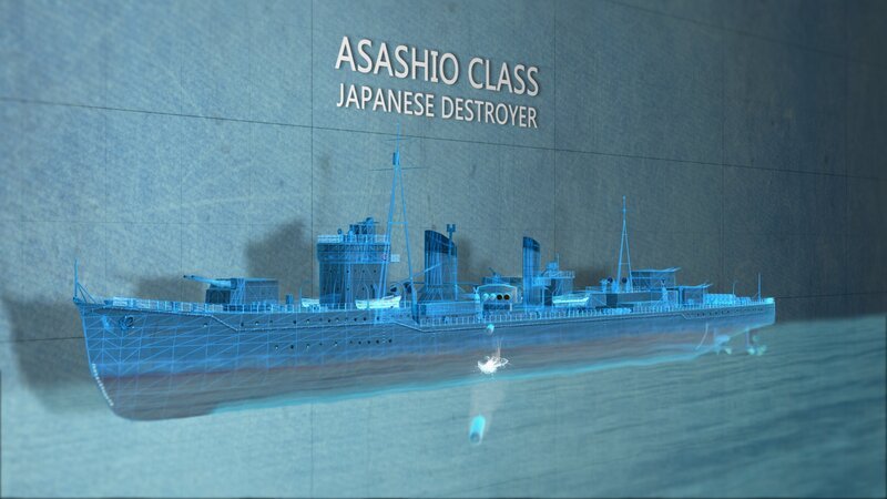 Schematische Darstellung des japanischen Zerstörers der Asashio-Klasse. (Pazifikflotte II Productions Inc.) – Bild: Pacific Fleet II Productions Inc. /​ Pacific Fleet II Productions Inc.