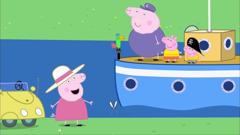 L-R: Granny Pig, Polly Parrot, Grandpa Pig, Peppa Pig, George Pig – Bild: Paramount