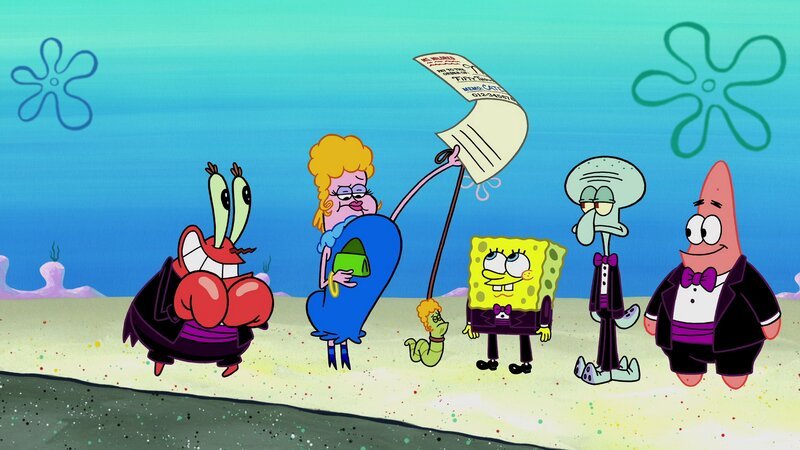 Mr. Krabs (l.), Ms. Mildred (2.v.l.), SpongeBob (3.v.r.), Squidward (2.v.r.), Patrick (r.) – Bild: ViacomCBS