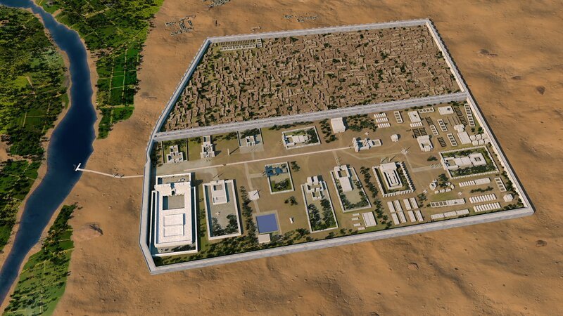 Heliopolis, die Stadt der Sonne: im nördlichen Teil auf der oberen Bildhälfte, siedelten die Einwohner von Heliopolis, der südliche Teil war wohl der größte Tempelbezirk Ägyptens. – Bild: Dr. Dietrich Raue /​ ZDF