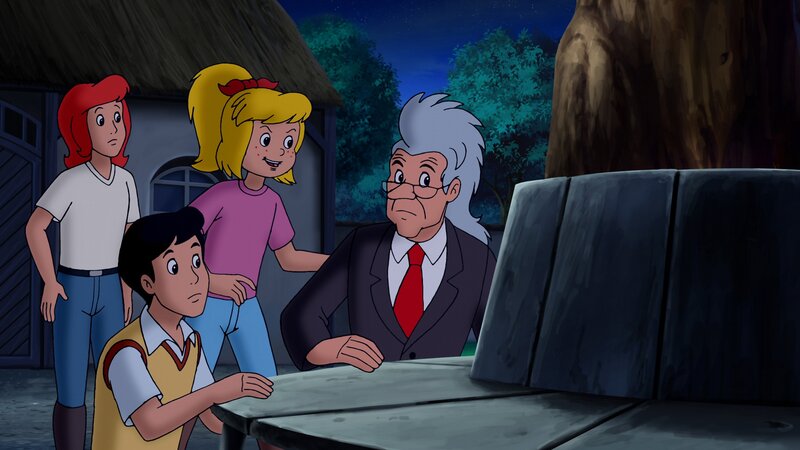 Lehrer Krähwinkel muss sich verstecken, weil Bibi ihm eine Pferdemähne angehext hat. – Bild: ZDF/​Kiddinx – Berlin