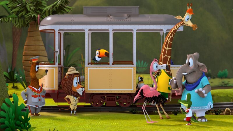 Flora (Flamingo) und Bruno (Giraffe) verabschieden sich von der Zoobande – Sie wollen alleine durch den Dschungel nach Hause finden. – Bild: ZDF/​Gaumont Animation/​PP Animation III Inc.