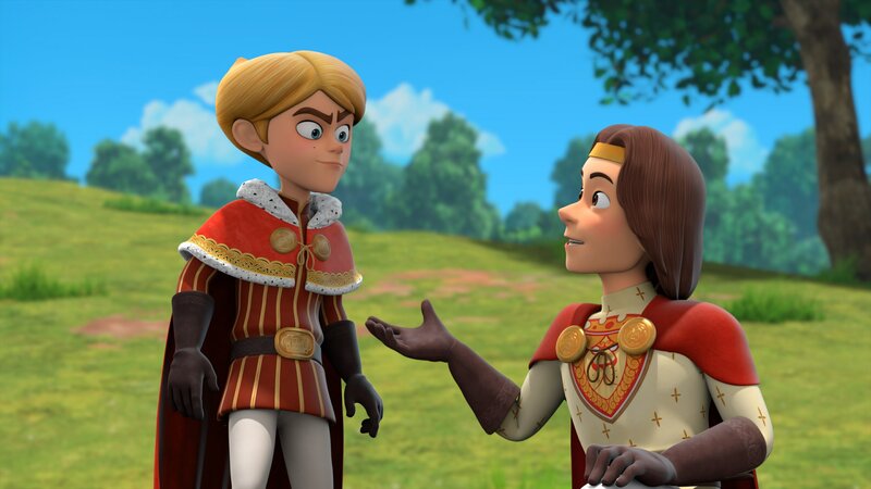 Eine Prophezeiung besagt, dass Prinz John (links) der rechtmäßige König ist. Richard (rechts) übergibt ihm deshalb das Zepter. – Bild: ZDF/​Method Animation /​ ZDF Studios