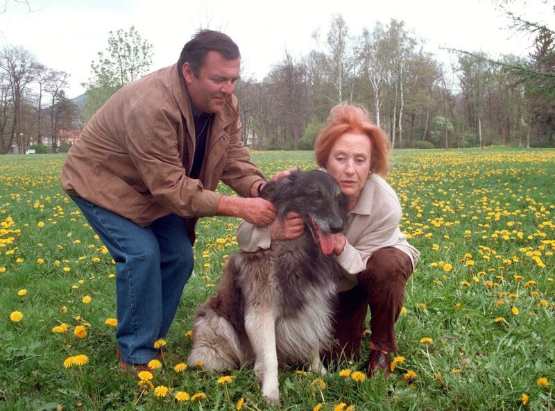 Krankenpfleger Werner (Günter Schubert) kümmert sich im Krankenhaus rührend um den Hund von Johanna Walter (Rosemarie Fendel). – Bild: MDR