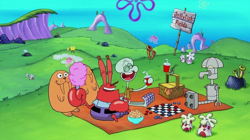 SpongeBob (hinten), Mr. Krabs (3.v.l.), Squidward (3.v.r.), Plankton (2.v.r.) – Bild: ViacomCBS