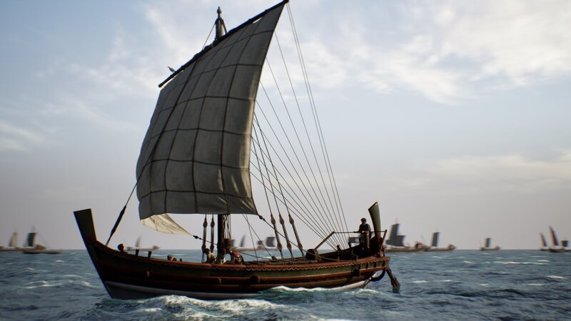 Computeranimation römischer Handelsschiffe. Eine ganze Flotte von kleinen und mittelgroßen Frachtseglern sorgte für den Warenverkehr über das Mittelmeer, das die Römer stolz „Mare Nostrum“ – „Unser Meer“ – nannten. – Bild: ZDF
