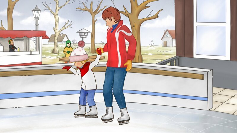 Conni (li.) wagt ihre ersten Schritte mit Schlittschuhen aufs Eis. – Bild: ZDF und Henning Windelband (Youngfilms GmbH)