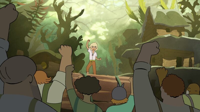 Tobie (oben) hält zur Verteidigung seines Freundes Nils eine flammende Rede. Er schafft es, die Holzfäller im Kampf gegen Jo Mitch auf seine Seite zu bringen. – Bild: TANT MIEUX PROD/​ ZDF/​ ZDF STUDIOS/​ UMEDIA