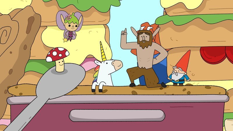 Die Helden Tupfen, Twinkle, Blümchen, Hufius und Herbert (von links) wurden von Zorgoth geschrumpft. Doch mit ihrer größenunabhängigen Schläue, gelingt es den Helden, die Schnecke Zorgoth abzulenken. – Bild: ZDF/​Tiger Aspect Kids & Family Limited, Movimenti Production, Zodiak Kids & Family France and Monello Productions