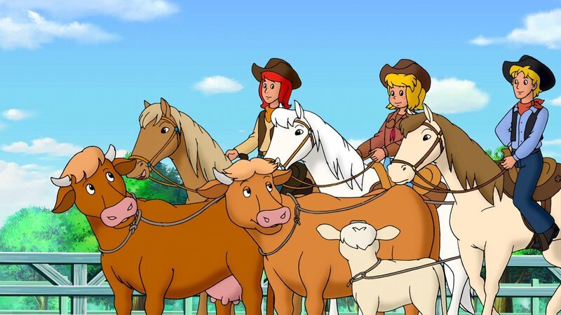 Bibi (M.), Tina (l.) und Tim (r.) trainieren für das große Westernturnier. – Bild: ZDF und Kiddinx – Berlin/​Kiddinx – Berlin