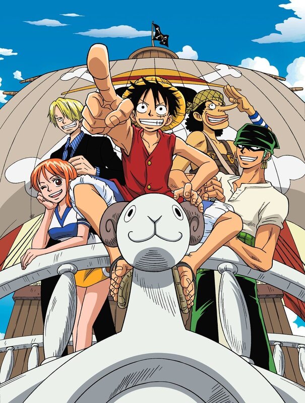 Gemeinsam sind Monkey D. Ruffy (M.), Roronoa Zoro (r.), Nami (l.), Usopp (2.v.r.) und Sanji (2.v.l.) fast unschlagbar … – Bild: Eiichiro Oda /​ Shueisha, Toei Animation