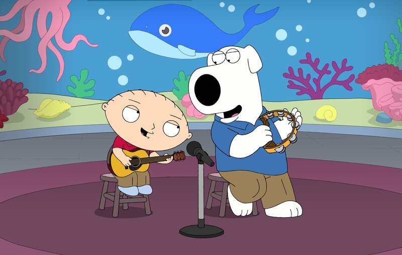 Brian (r.) und Stewie (l.) werden zu einem erfolgreichen Singer-Songwriter-Duo, weil es ihrer Meinung nach keine Kinderlieder gibt, die die Wahrheit über die Kindheit erzählen. Doch treibt ein Mädchen einen Keil zwischen die beiden … – Bild: MCM