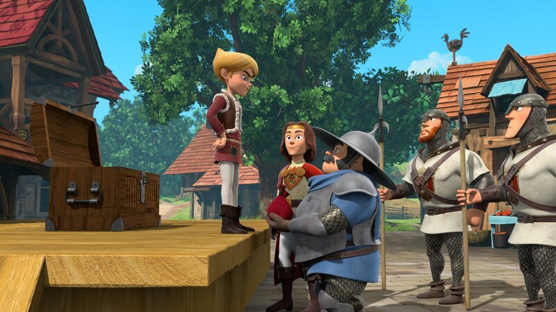 Um Gutes zu tun, sammelt Prinz John (links) das Gold der Bewohner von Nottingham ein. Er möchte es umverteilen. – Bild: ZDF/​Method Animation/​ZDF Studios
