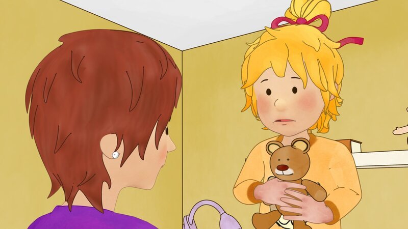 Conni ist von einem Alptraum aufgewacht. Mama versucht sie zu beruhigen. – Bild: ZDF und Henning Windelband (Youngfilms GmbH)