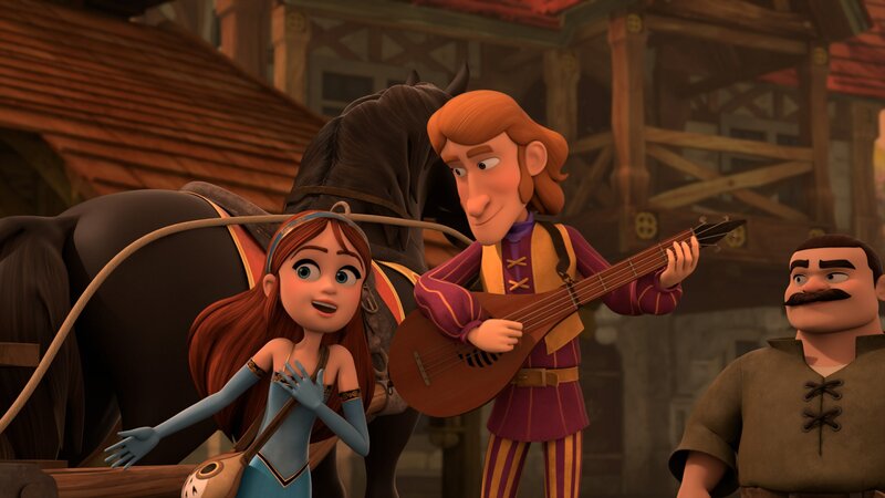 Als der Barde (Mitte) Robins Taten in seinen Liedern lobt, wird Prinz John eifersüchtig. Marian (links) ist begeistert von den Lobgesängen. – Bild: ZDF/​Method Animation/​ZDF Studios