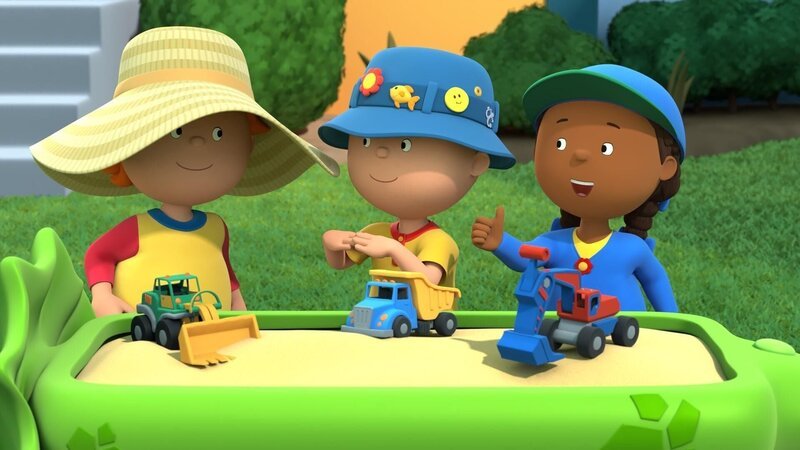 Caillou leiht sich einen Hut von Clementines Mutter, der jedoch zu groß ist und ihm beim Spielen die Sicht versperrt. – Bild: SUPER RTL